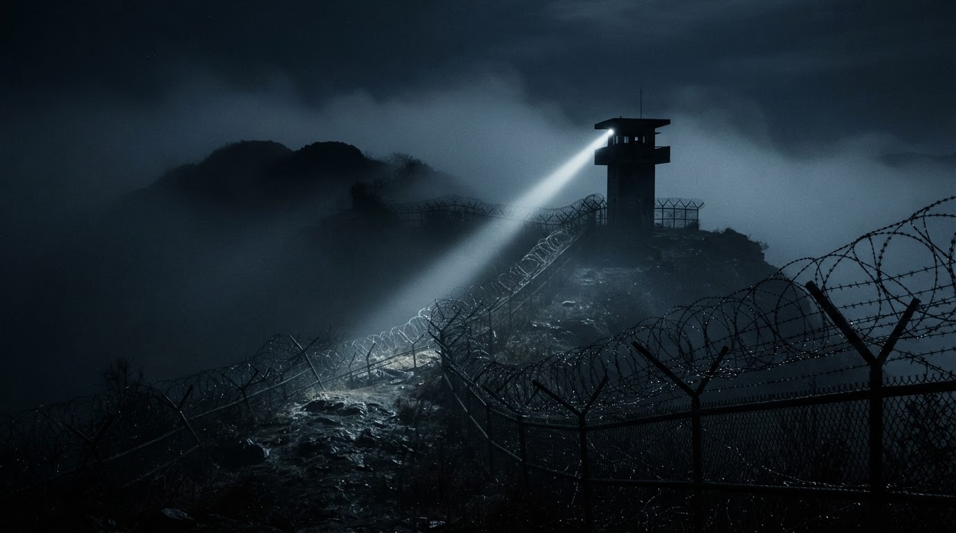 The DMZ at night — a searchlight cuts the dark above a fog-wrapped ridgeline.
