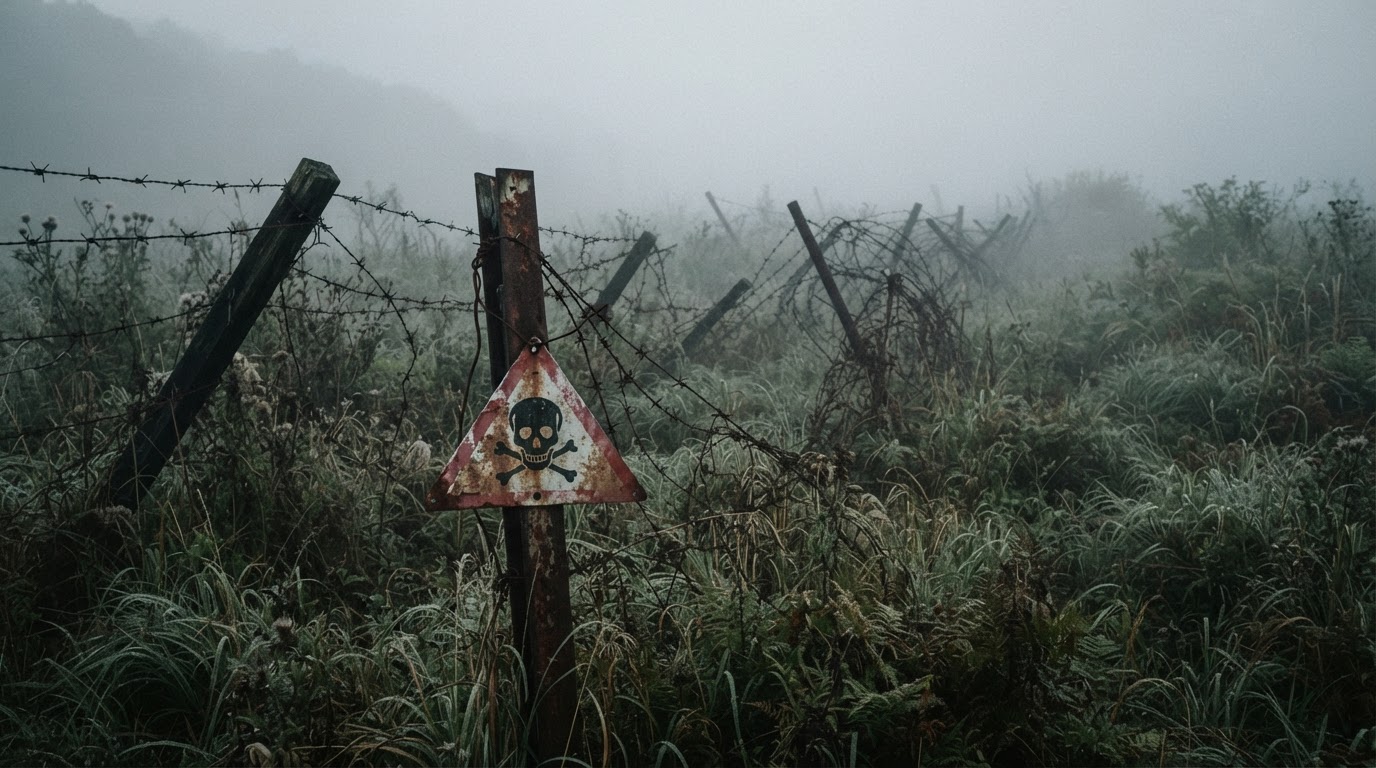 A minefield in the fog before dawn — in the DMZ, the landscape itself is the ghost story.