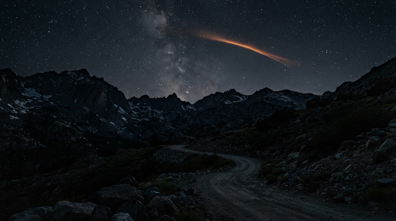 A cold night sky over a mountain pass, a faint glowing plume high in the atmosphere, stars, no people