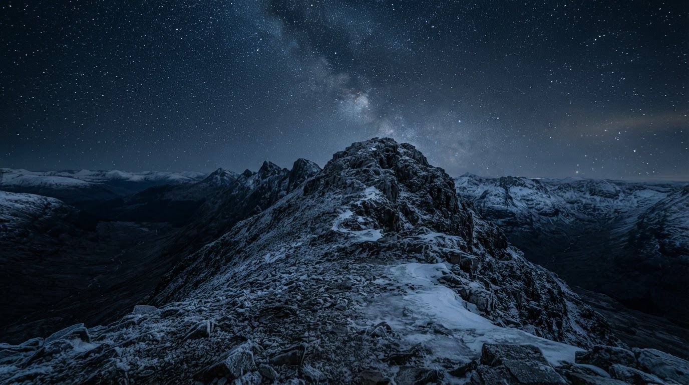 A wind-scoured mountain summit under a vast field of stars, deep cold, utterly empty