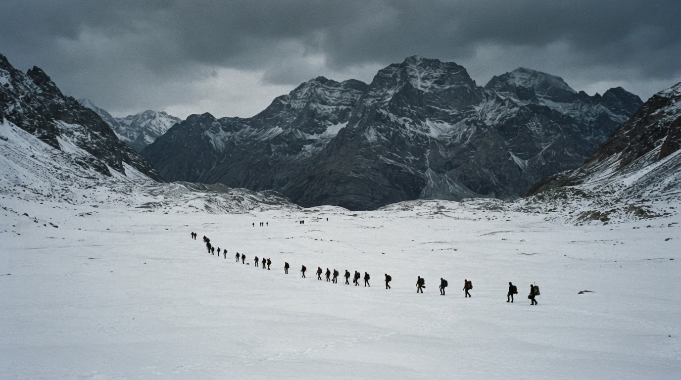 Distant silhouettes of a search party strung out across a vast snowfield beneath grey mountains, tiny against the scale of the land