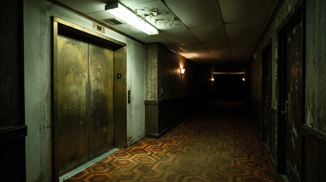 Tarnished brass elevator doors in a worn 1970s-decor corridor under a flickering fluorescent light — the kind of doorway where those four minutes were filmed.