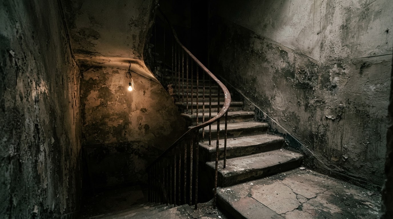 A dark, narrow hotel staircase spiraling upward, a single bare bulb lighting the peeling walls — the passage that climbed toward the roof.