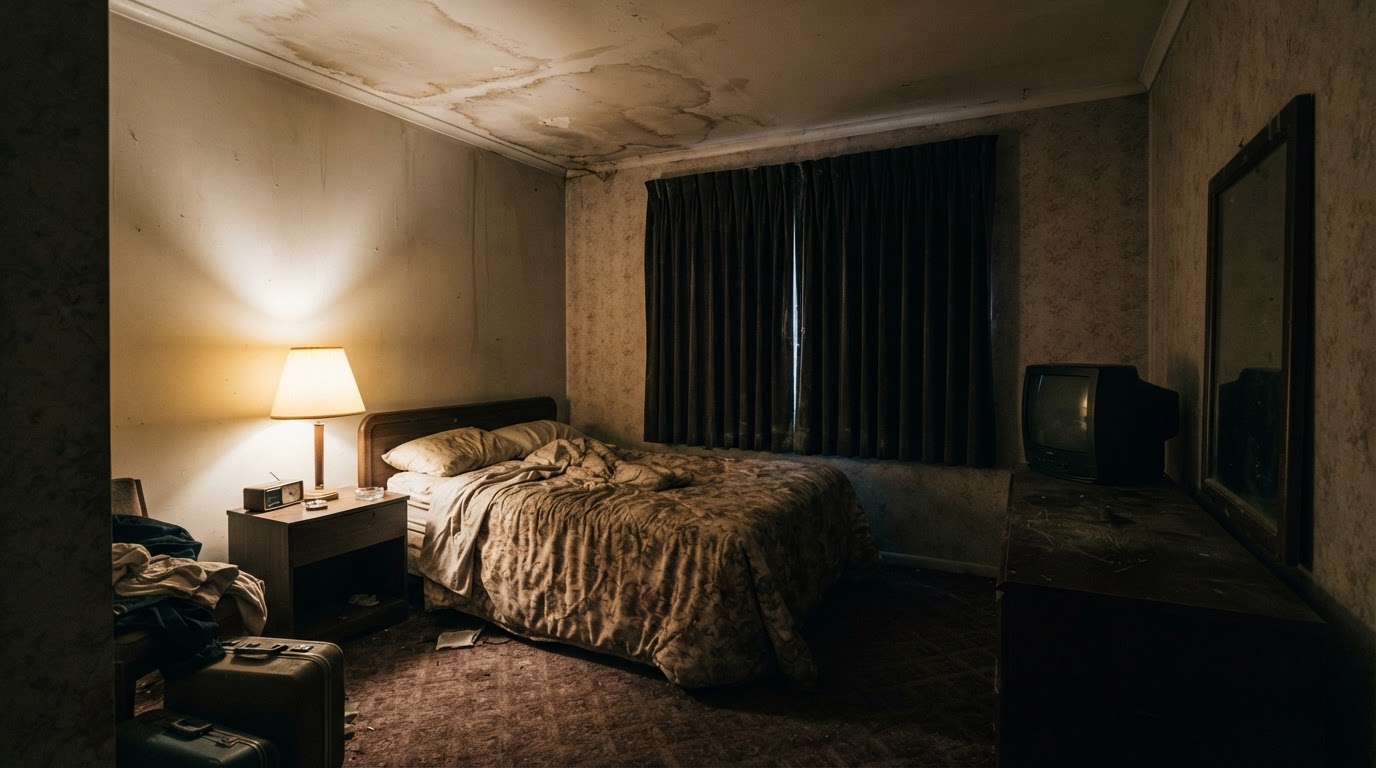 A small, dim vintage hotel room, a sagging bed under a stained floral bedspread, heavy curtains drawn and a single weak bedside lamp — the kind of room where she spent her last days.