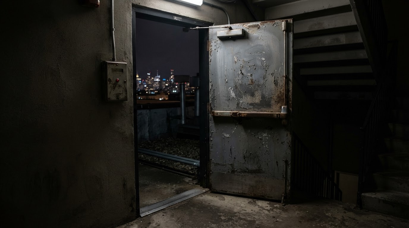 A heavy rooftop-access metal door standing slightly ajar at night, the dark glow of the city bleeding through the gap — a boundary no one should have crossed.