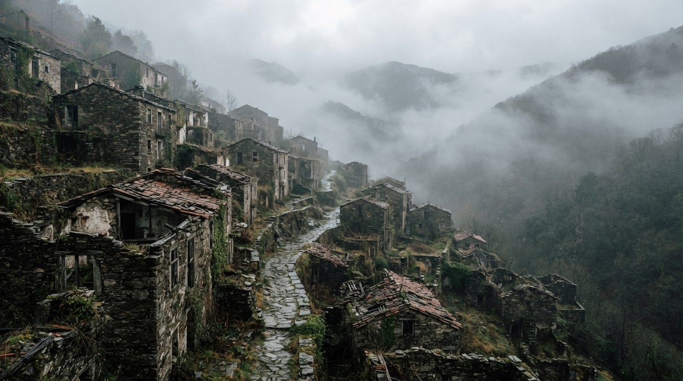Abandoned stone village houses on a misty mountainside, roofs collapsing, no people