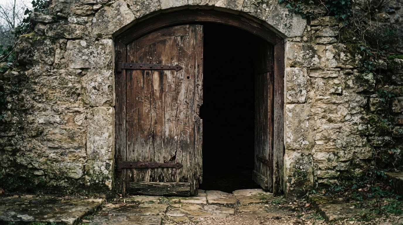 A cracked old wooden door standing ajar in a stone wall, darkness behind the gap