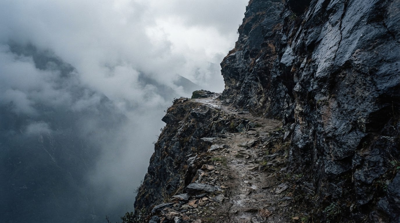 A narrow mountain path running along the edge of a cliff, valley dropping away in mist