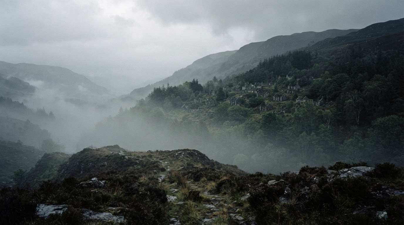 A distant abandoned village seen across a foggy valley, faint stone rooftops among trees