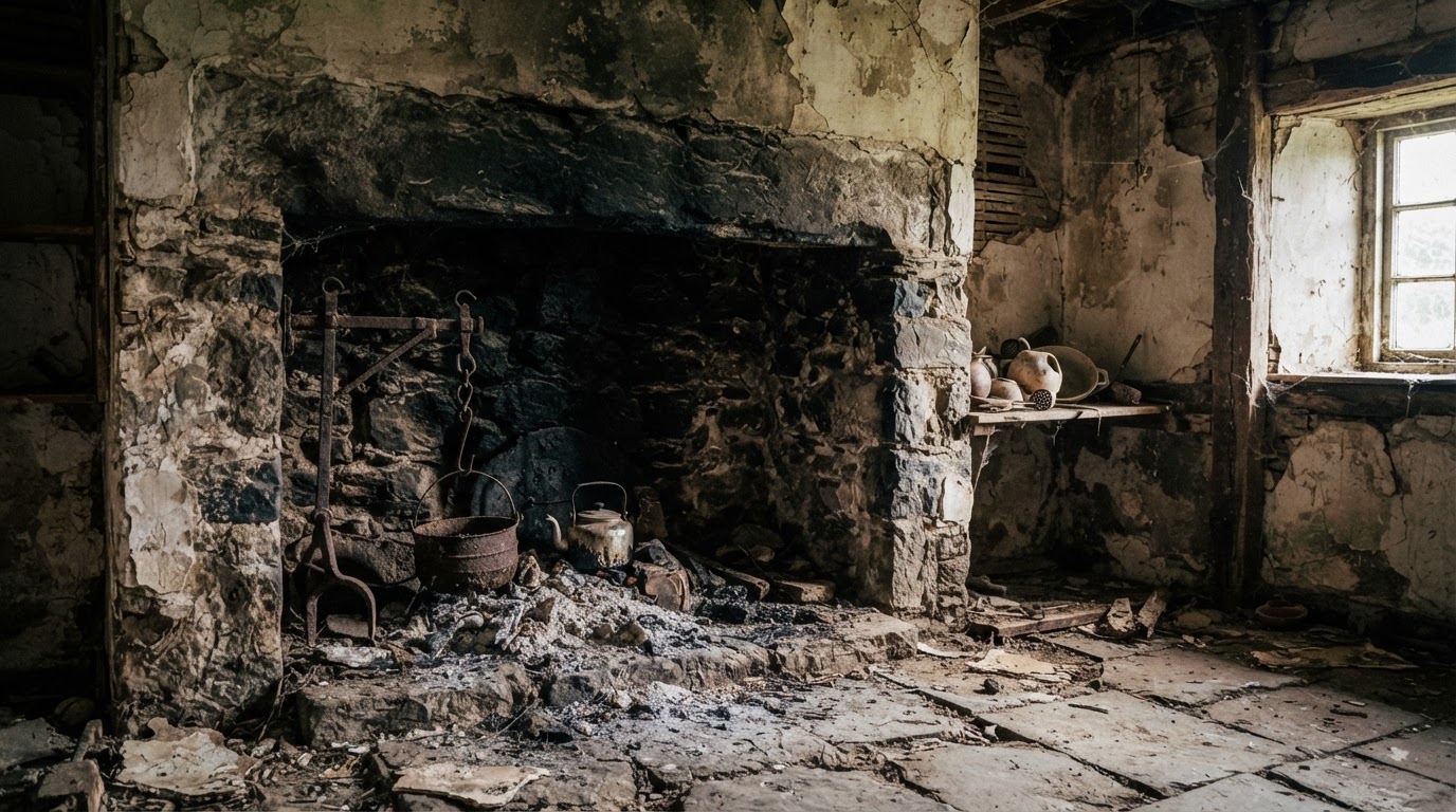 An old stone cooking hearth abandoned in a ruined kitchen, ash and cold light