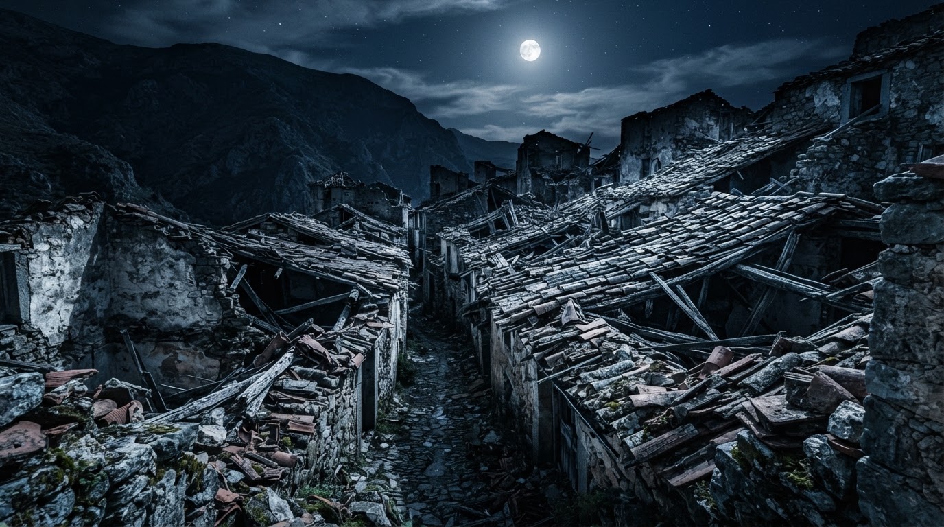 Moonlight over the ruined rooftops of a mountain village, pale silver light on broken stone