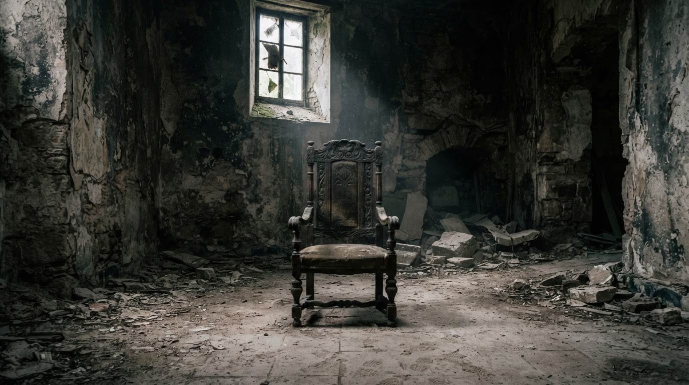 An old wooden high-backed armchair standing alone in a dim ruined room, dust and soft grey light