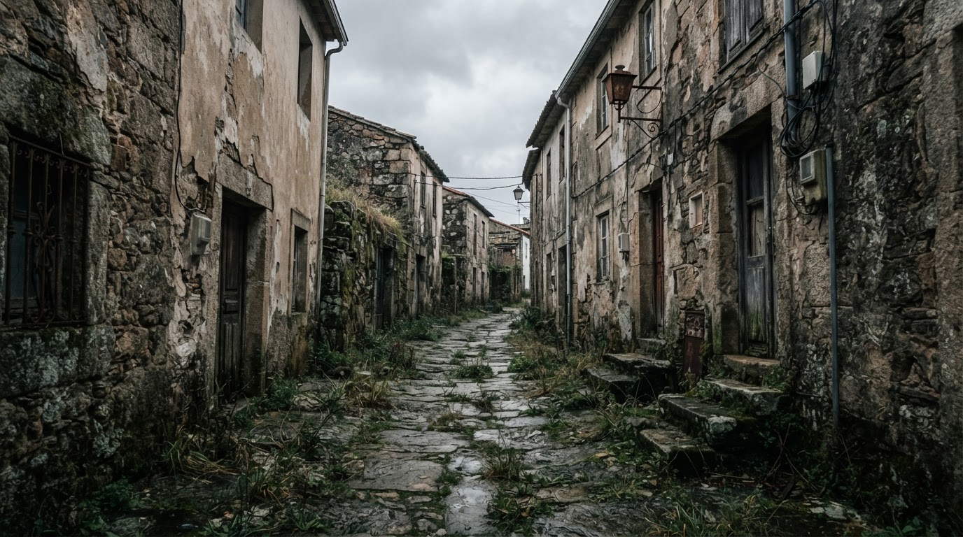 An empty stone alley between crumbling houses, weeds pushing through the paving, cold light