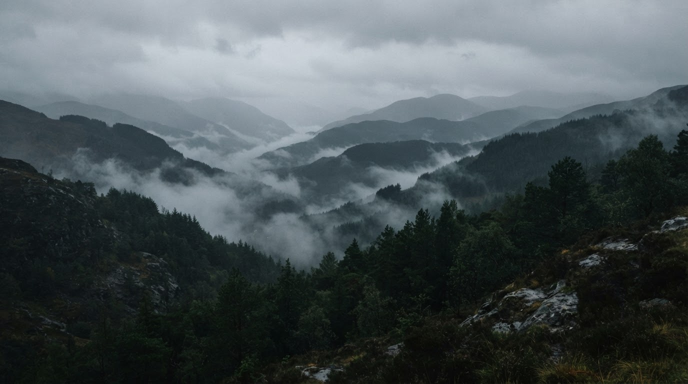 A mountain valley shrouded in low cloud, dark ridgelines fading into fog