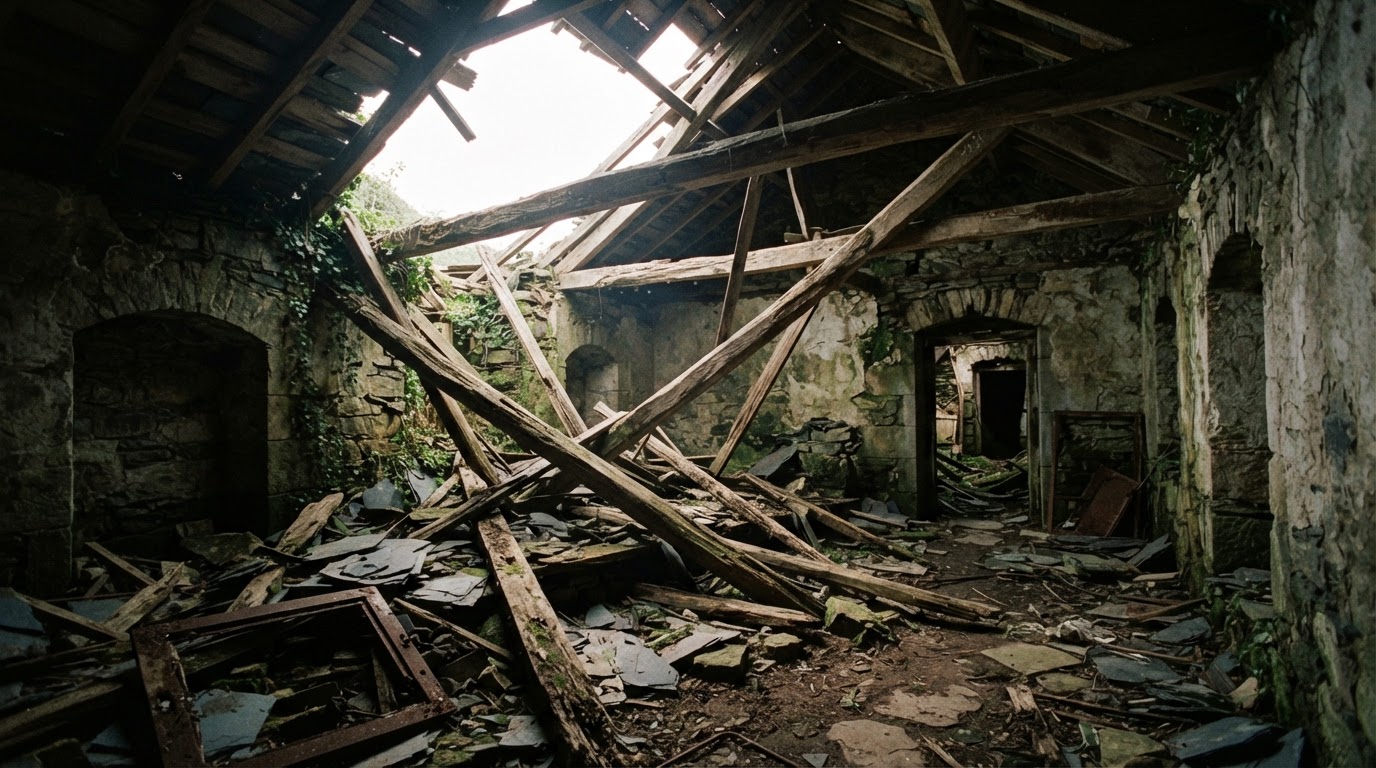Collapsed roof beams and rubble inside a ruined house, soft daylight falling through the gap