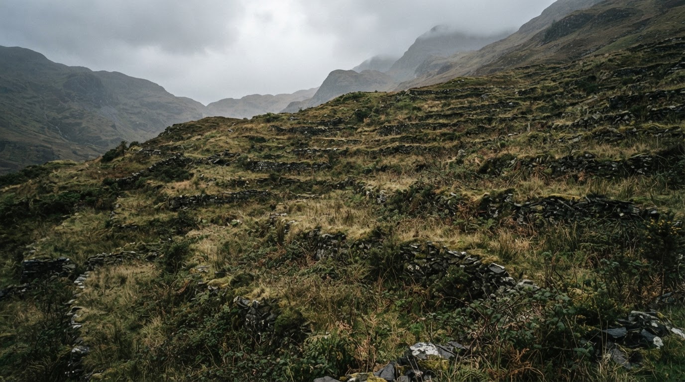 Stone terraced fields returning to wild grass and scrub on a mountain slope