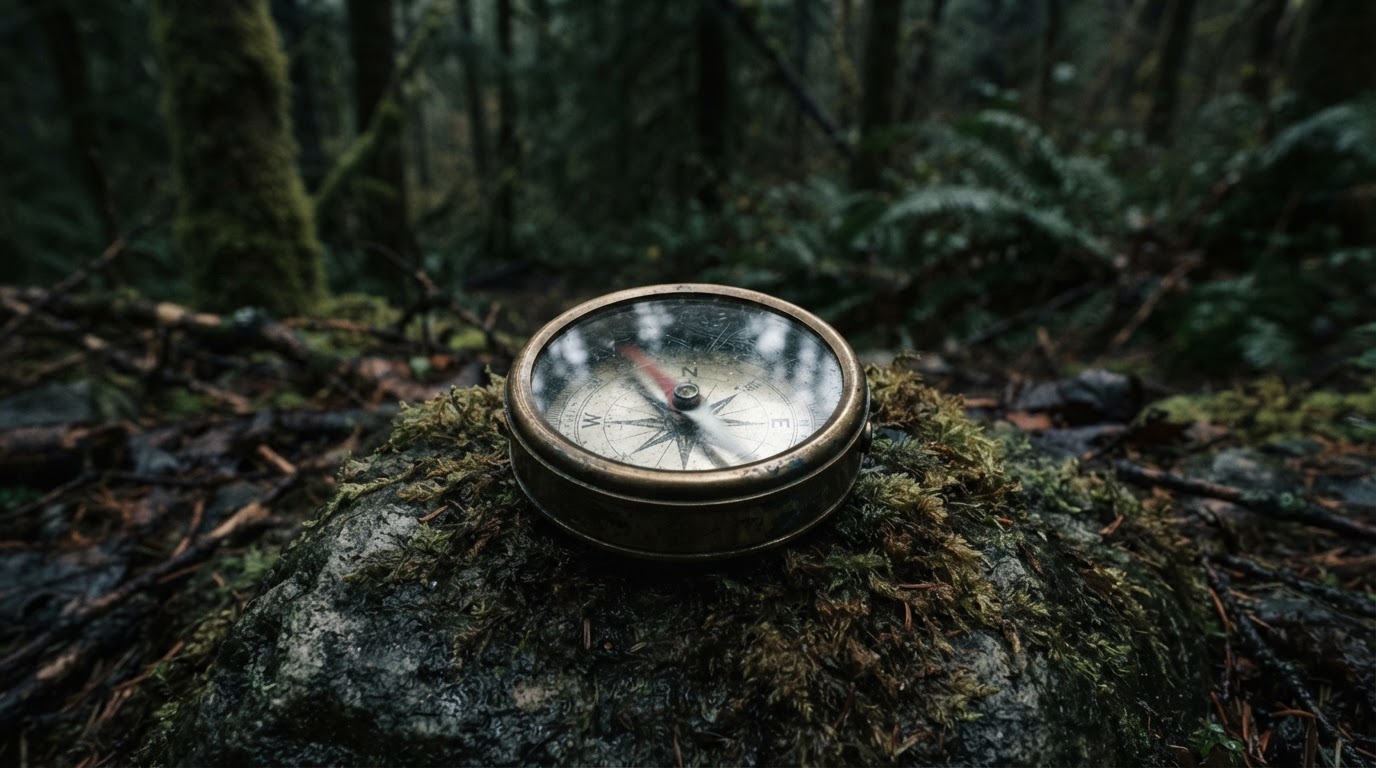 A compass resting on a mossy rock, the needle blurred as if spinning, dim forest light