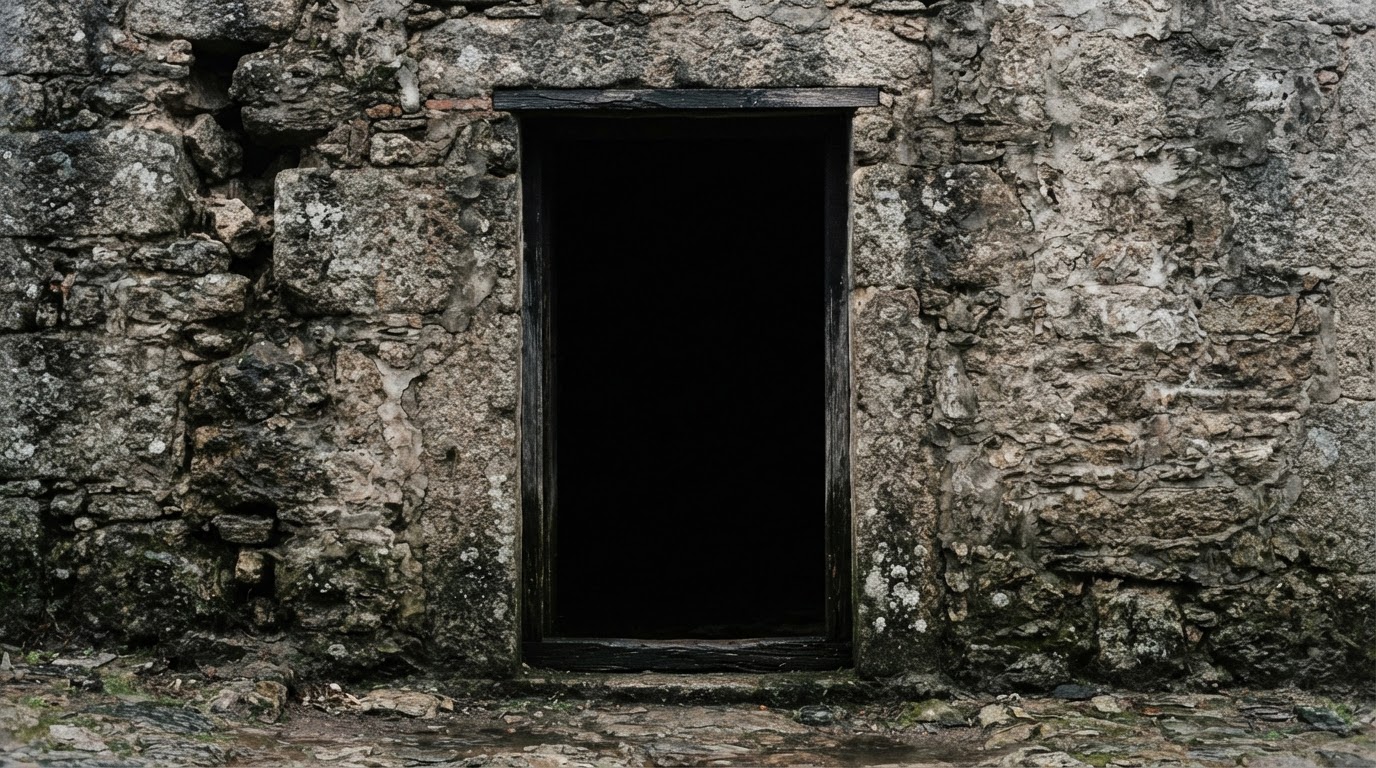A dark empty doorway in a rough stone wall, blackness within