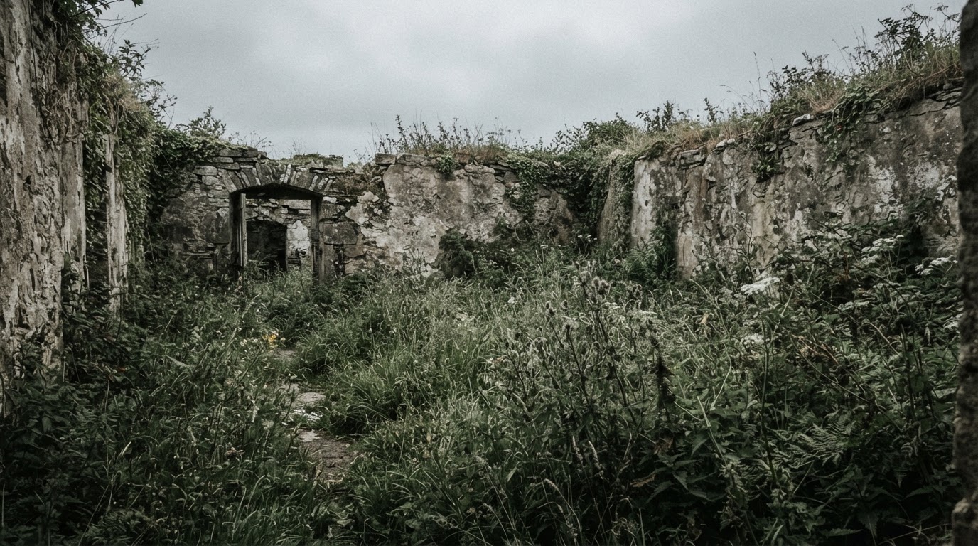 An overgrown stone courtyard choked with tall weeds, ruined walls around it