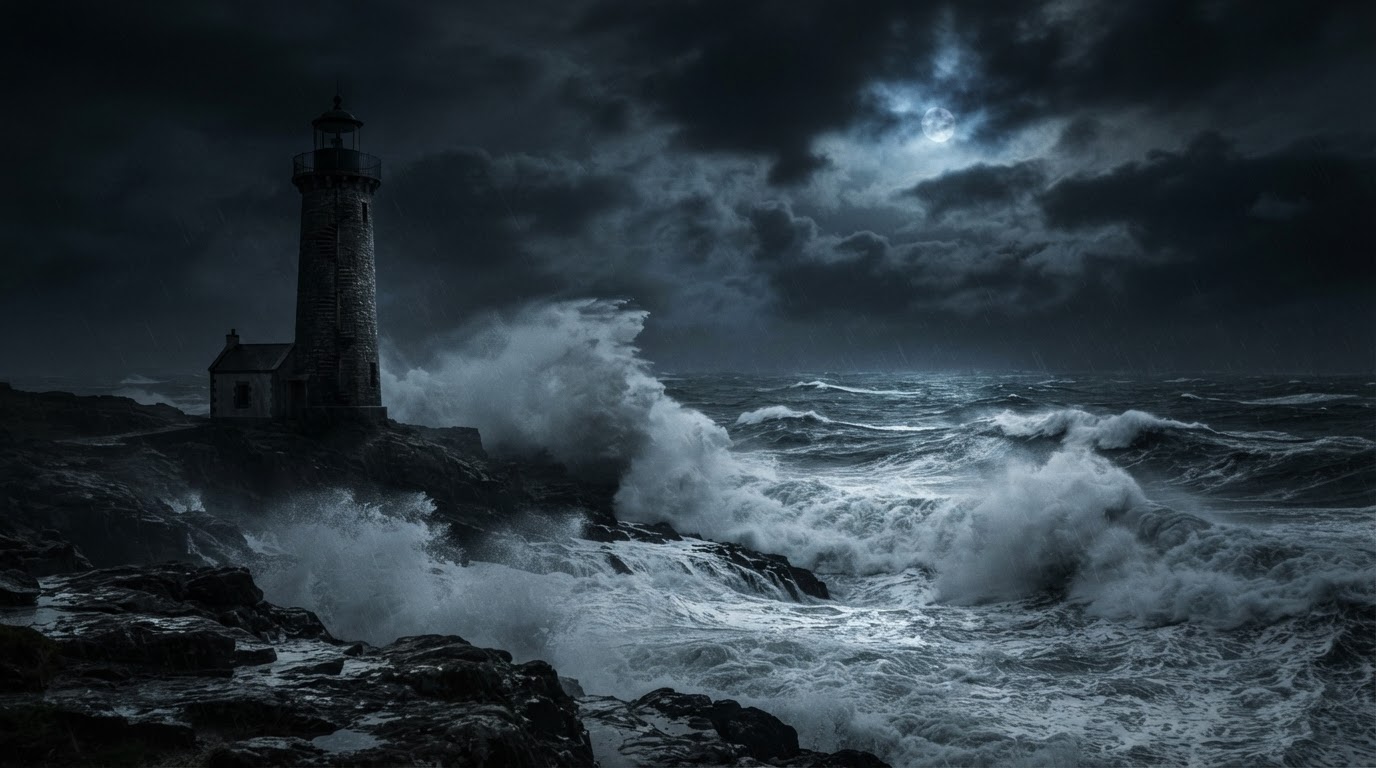 A lighthouse standing dark and unlit in a storm at night, black waves and faint moonlight, photoreal, no legible text, no people identifiable