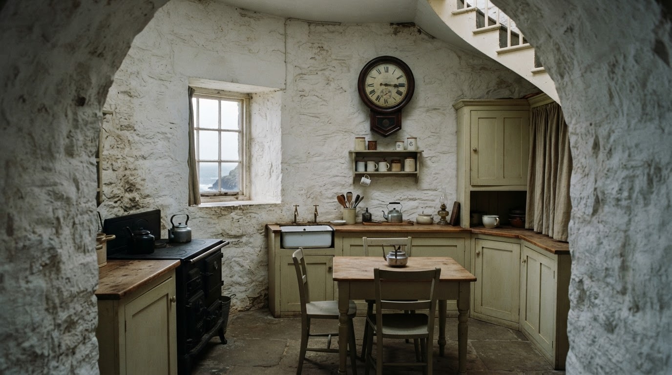 An empty lighthouse interior, a tidy kitchen and a stopped wall clock, cold grey light in the room, photoreal, no legible text, no people identifiable