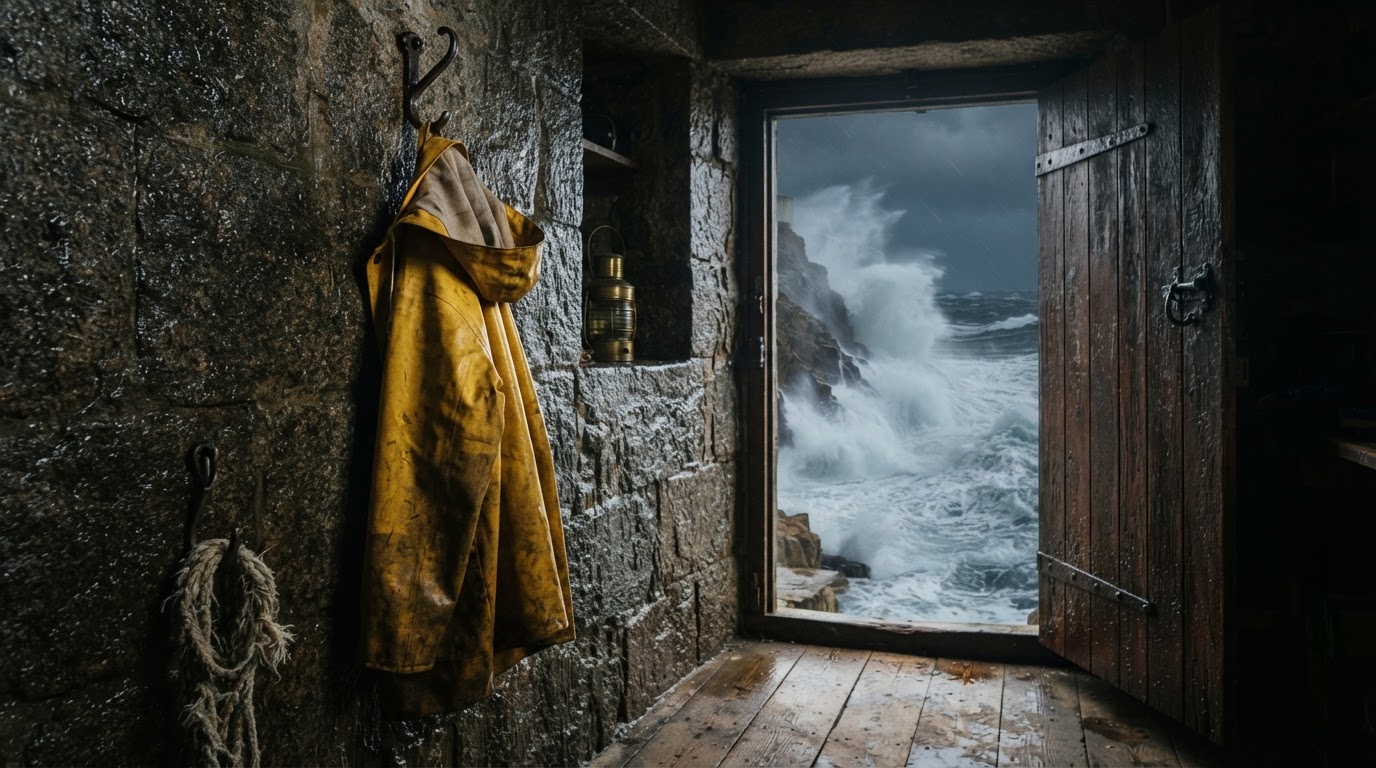 A single set of oilskins left hanging on the wall inside a lighthouse, a storm raging beyond an open door, photoreal, no legible text, no people identifiable