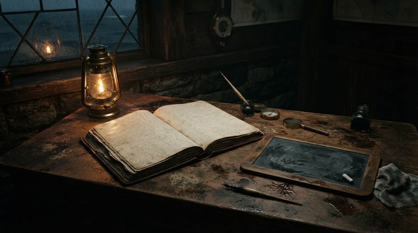 An old lighthouse logbook and a wet slate, faint handwriting, an aged desk beneath candlelight, photoreal, no legible text, no people identifiable
