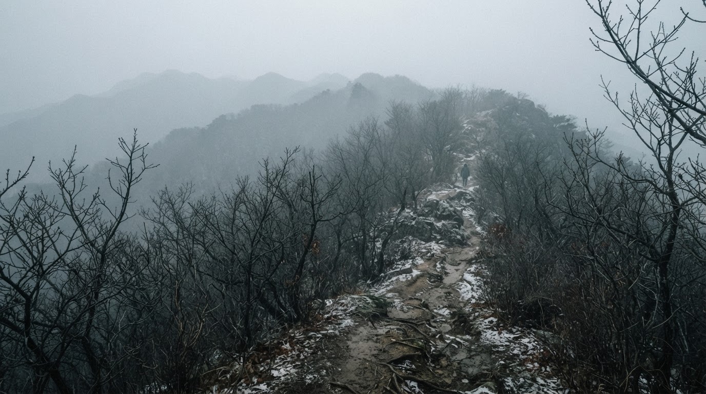 The misty winter foothills of Mount Waryong in Daegu