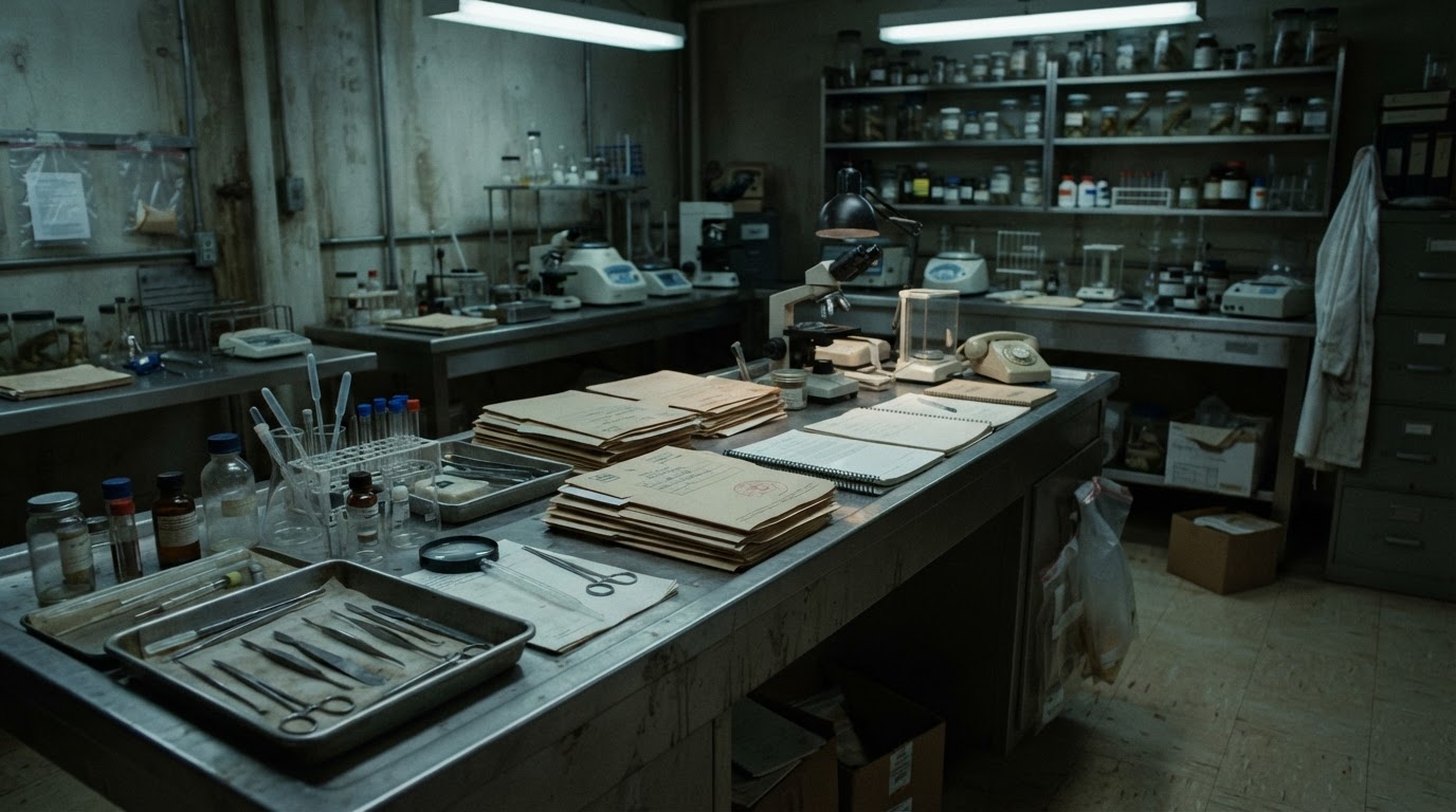 Old records and examination instruments in a university forensic laboratory