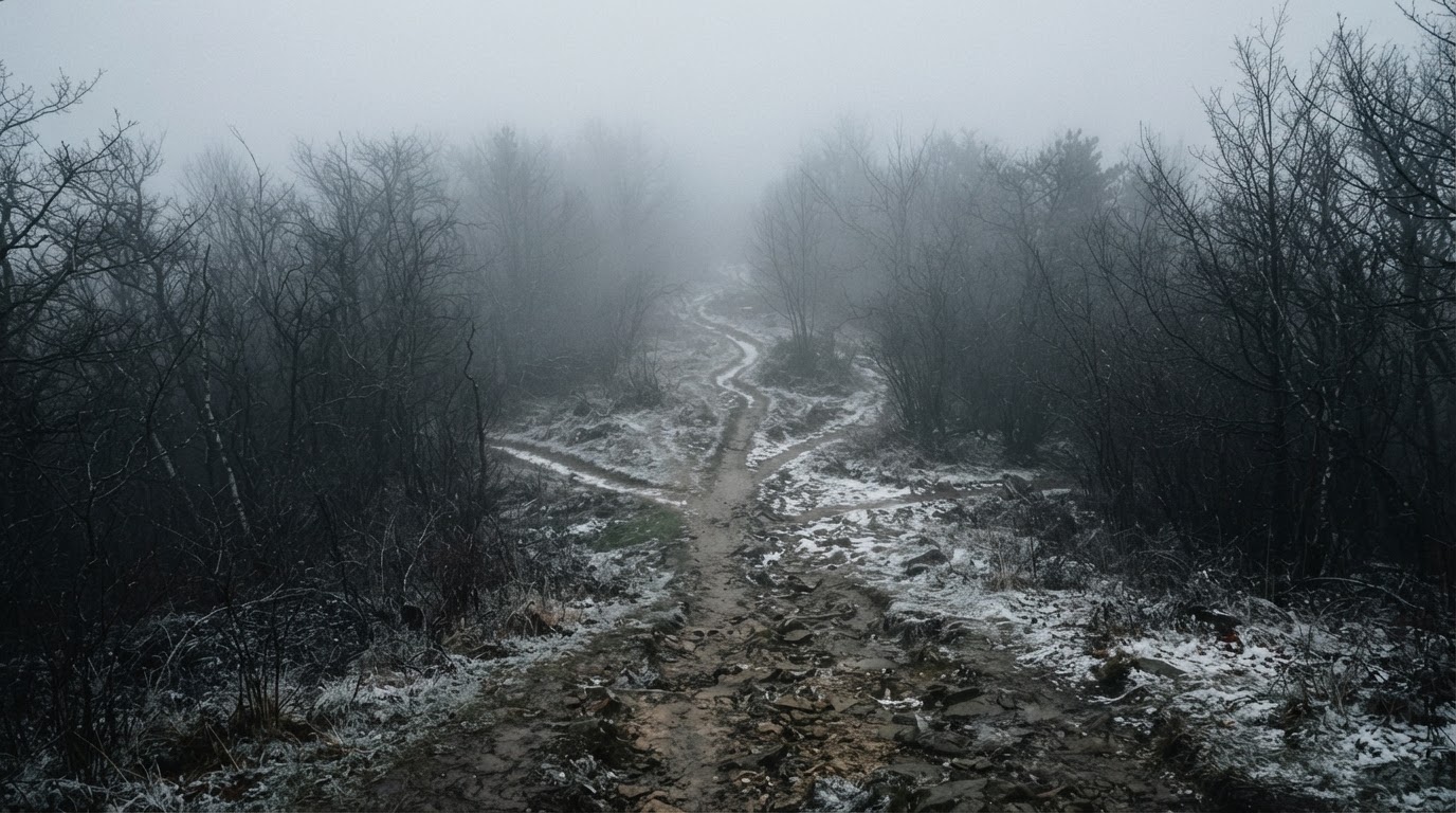 A forking mountain trail splitting into several paths, each leading off into the mist