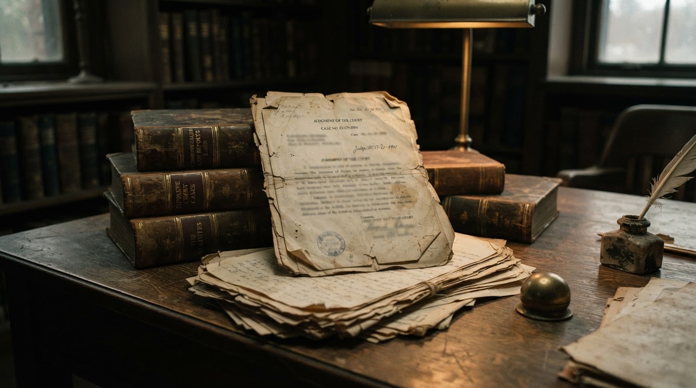 A still life of court documents resting on old law books, evoking the passage of time