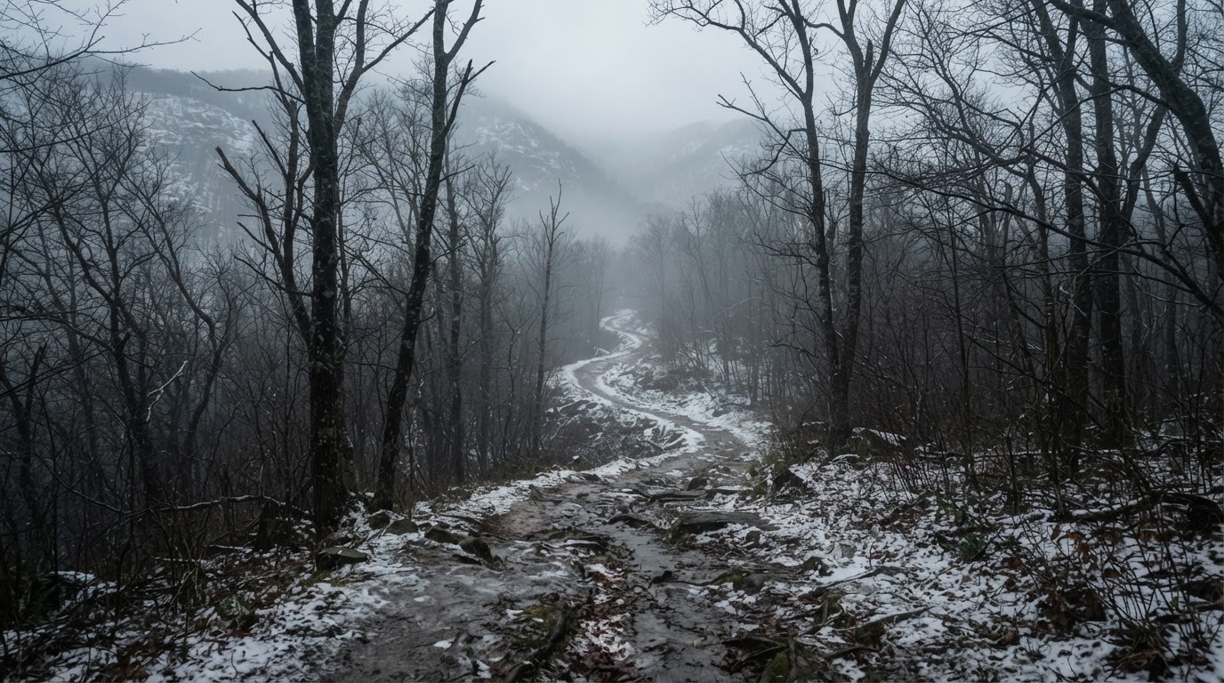 A lonely winter mountain path, a deserted misty trail