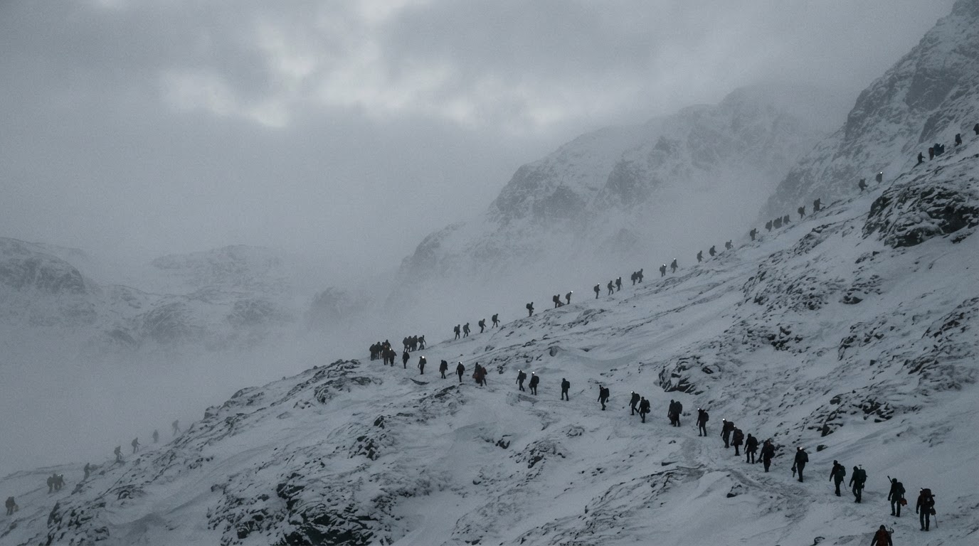 The silhouettes of a large search party climbing a distant mountain slope, misty winter mountain