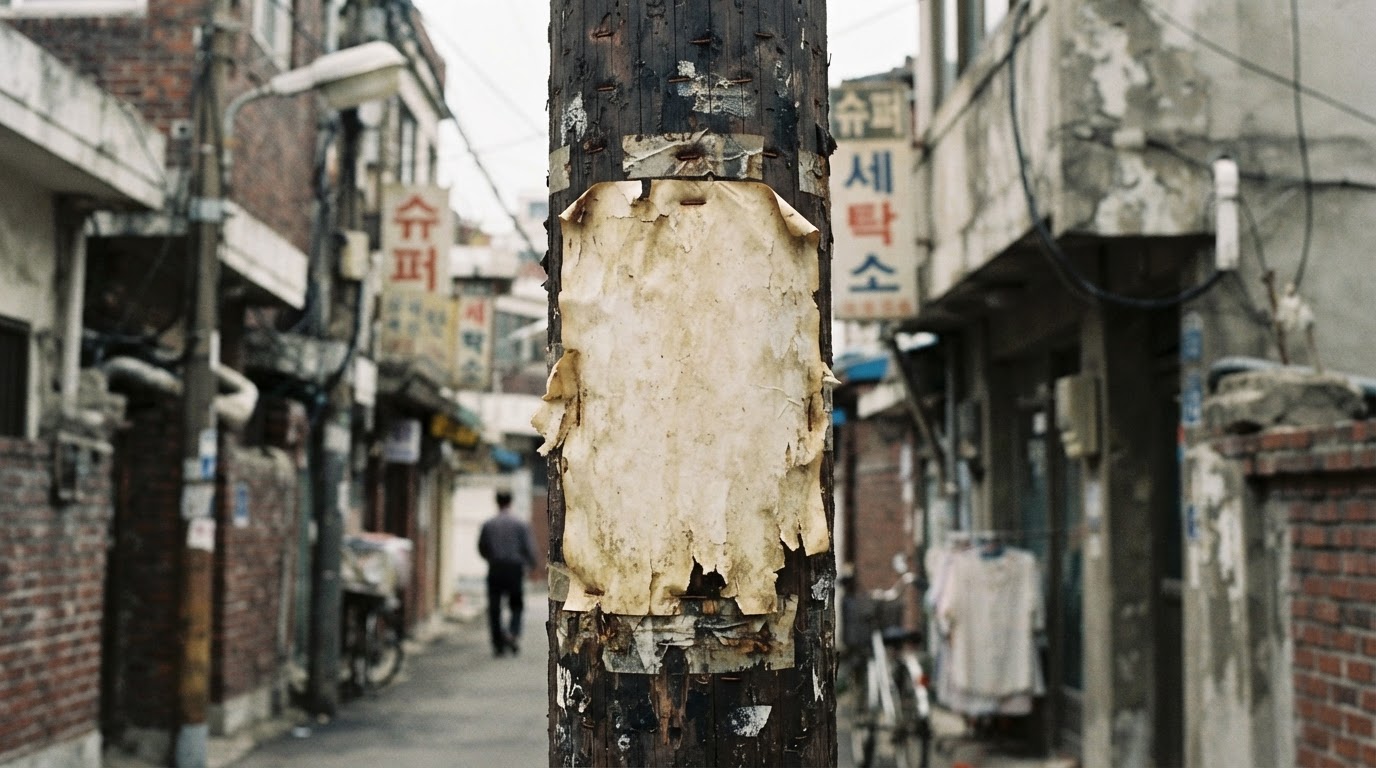 A faded missing-persons flyer pasted on a utility pole and wall (no legible text)