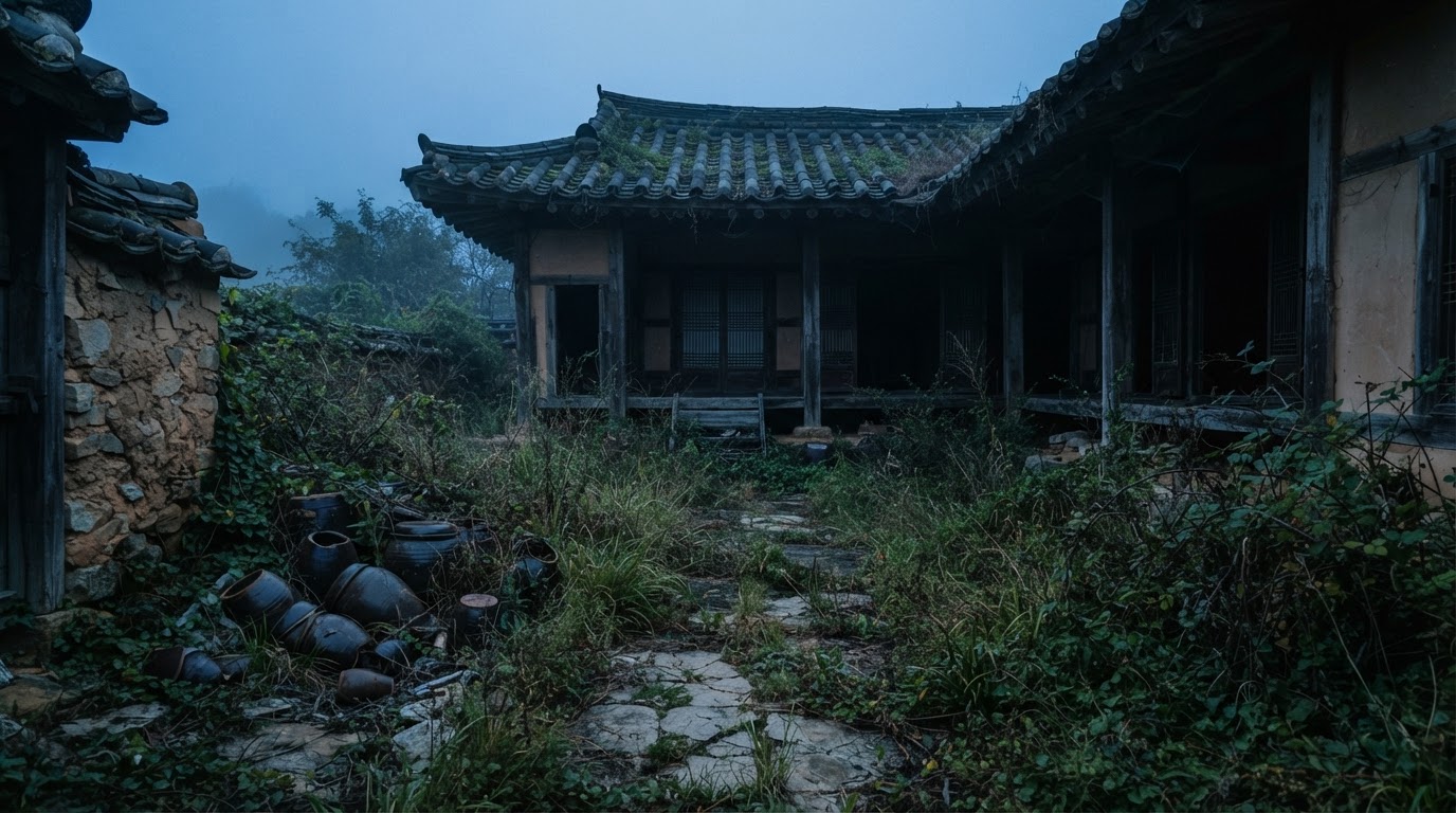 An overgrown hanok courtyard at dusk, waist-high weeds swallowing a stone path, toppled earthenware jars before a dark, empty porch.