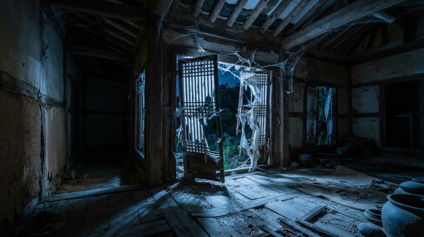 A broken traditional lattice door hanging off its frame inside an abandoned hanok, cold moonlight falling through torn paper screens.