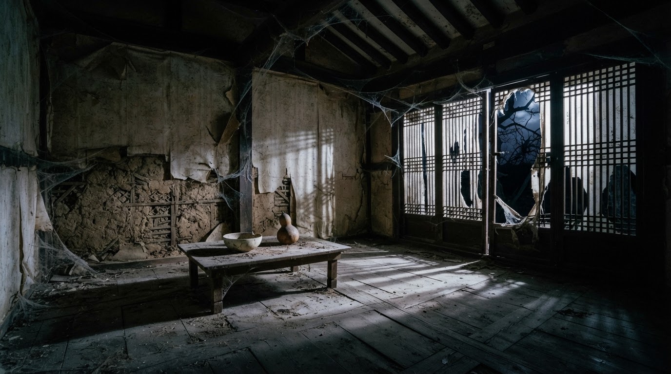 The dark interior room of an abandoned hanok at night, wallpaper peeling, a single low wooden table, moonlight streaking through torn paper doors.