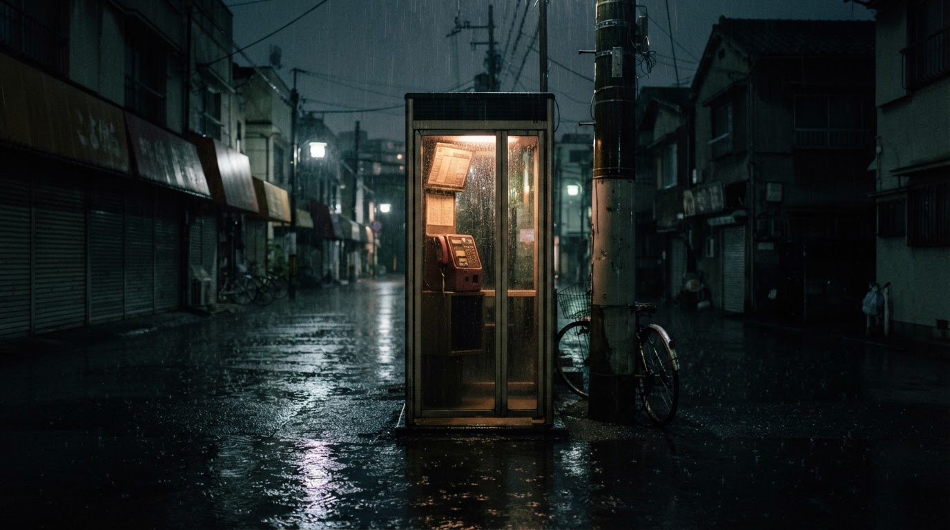 A rain-streaked telephone booth glowing faintly on a dark street corner at night