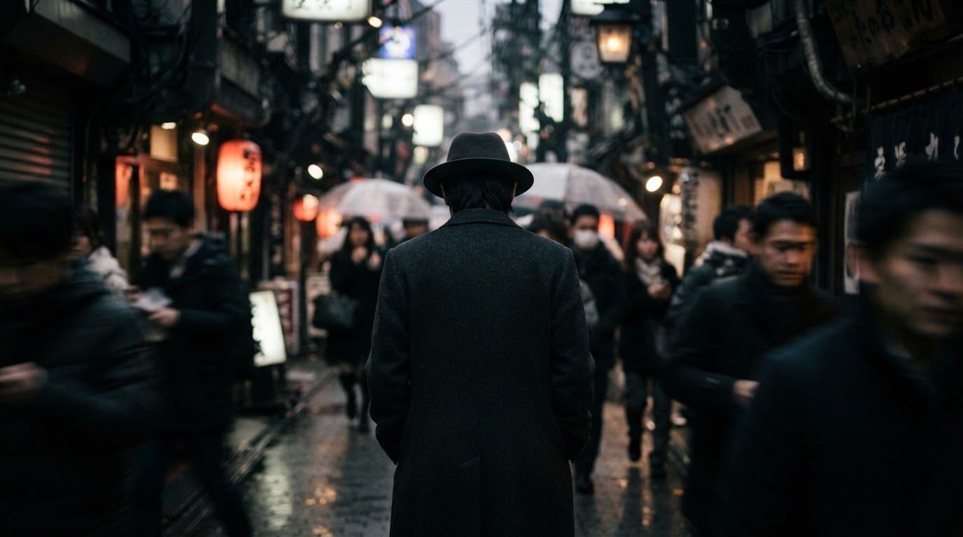 A fedora-and-coat figure seen from behind in a crowd, face unseen, muted evening light