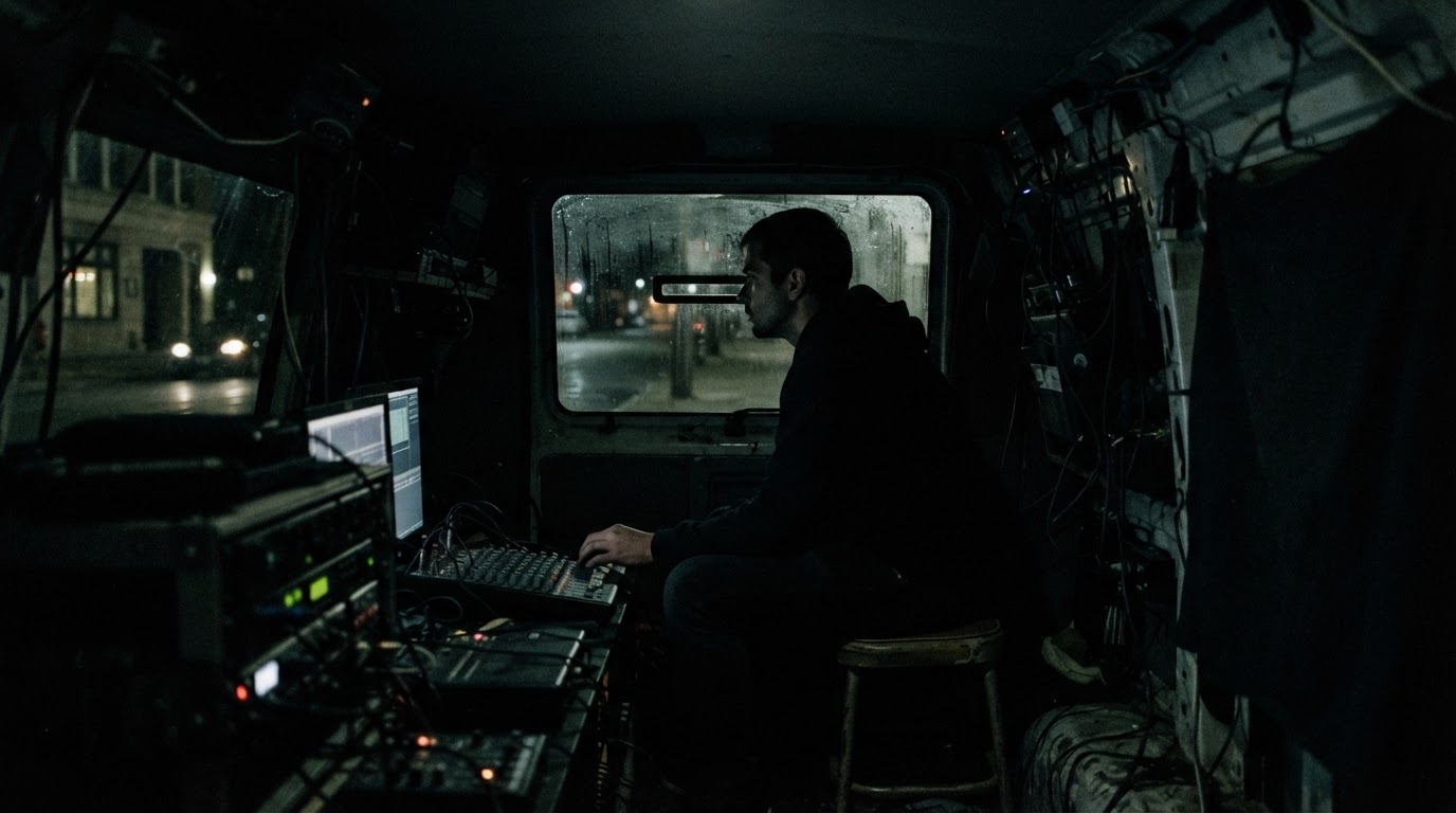 The silhouetted interior of a surveillance van at night, a figure's outline against a dim window