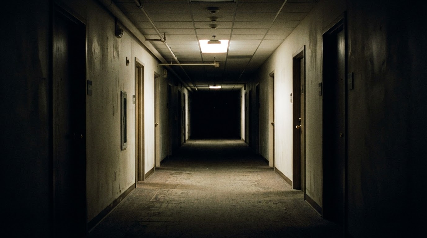 A dark, empty office corridor at night, a single overhead light, long shadows, no text