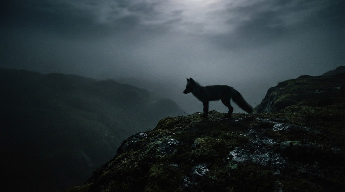 A fox in silhouette standing on a dark ridge at night, sky faintly lit behind it, symbolic
