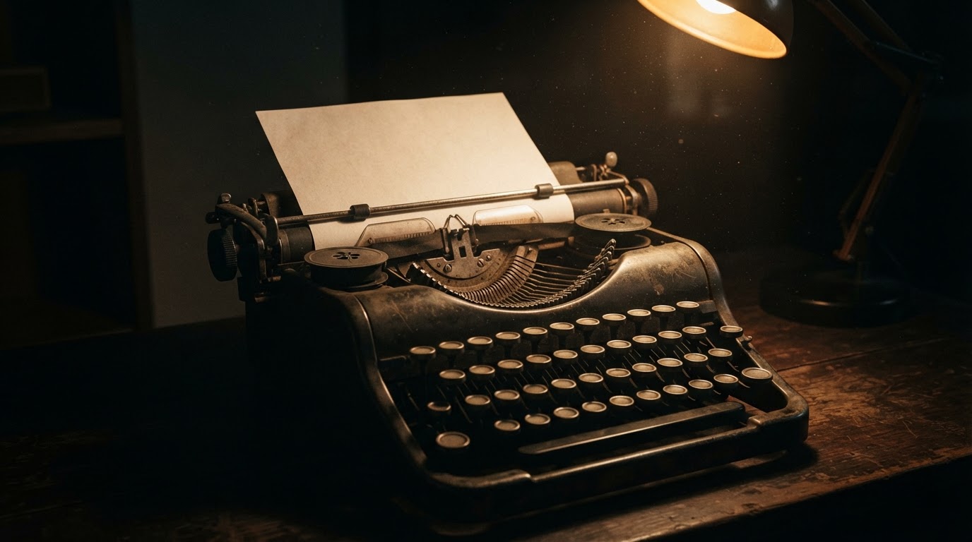 An old manual typewriter under a single desk lamp in a dark room, keys in shadow, no legible typed text