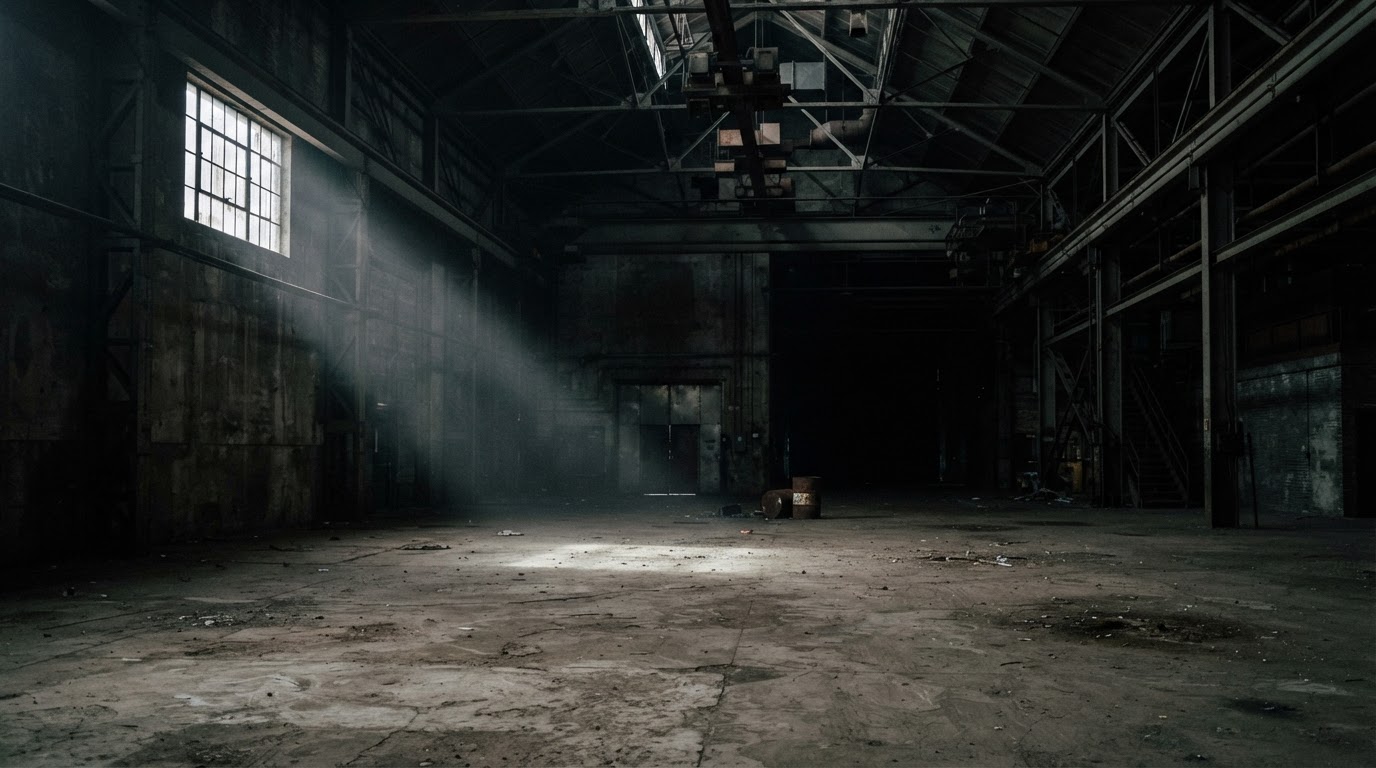 A dark warehouse interior, empty and cold, a single shaft of grey light through a high window