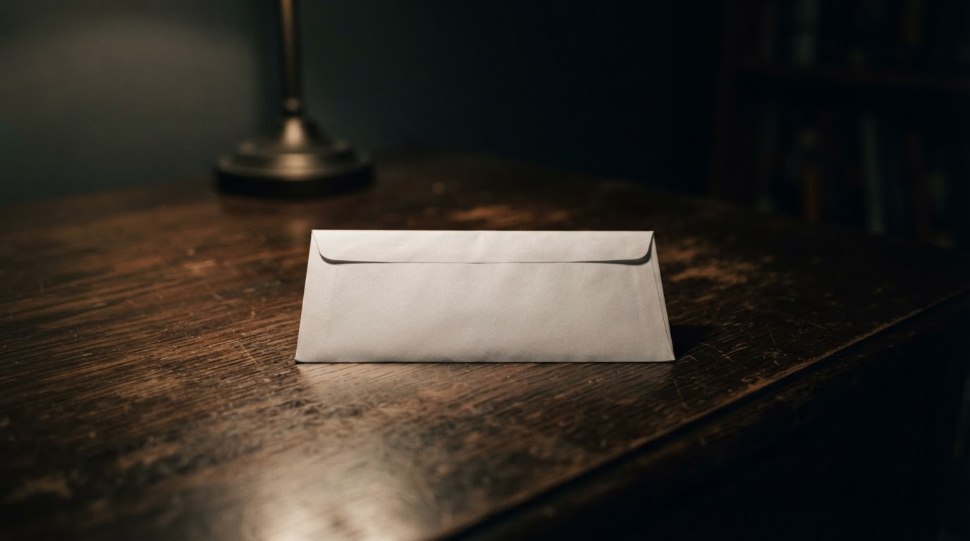 An anonymous blank envelope resting on a dark wooden desk, faint lamplight from one side, no writing visible
