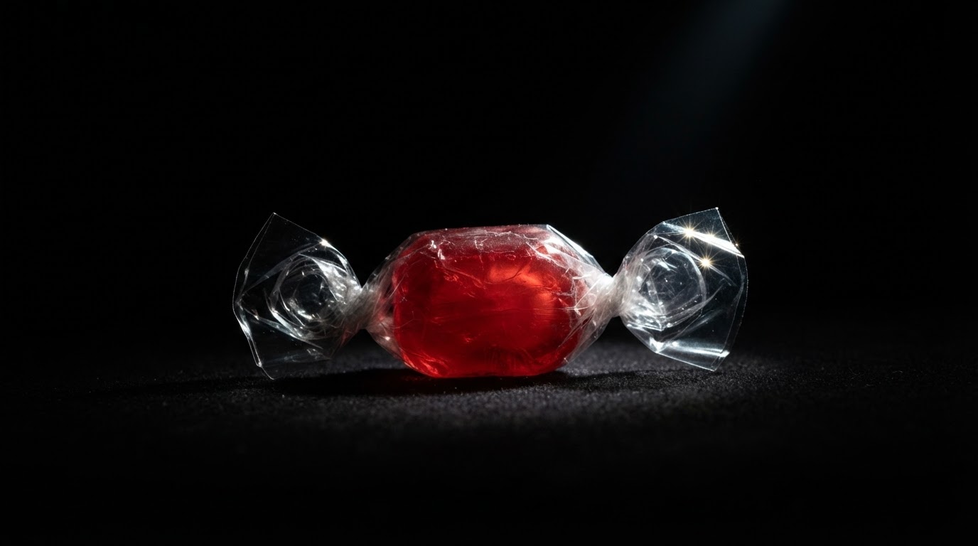 A single wrapped candy under a hard spotlight on pure black, glinting, no legible label