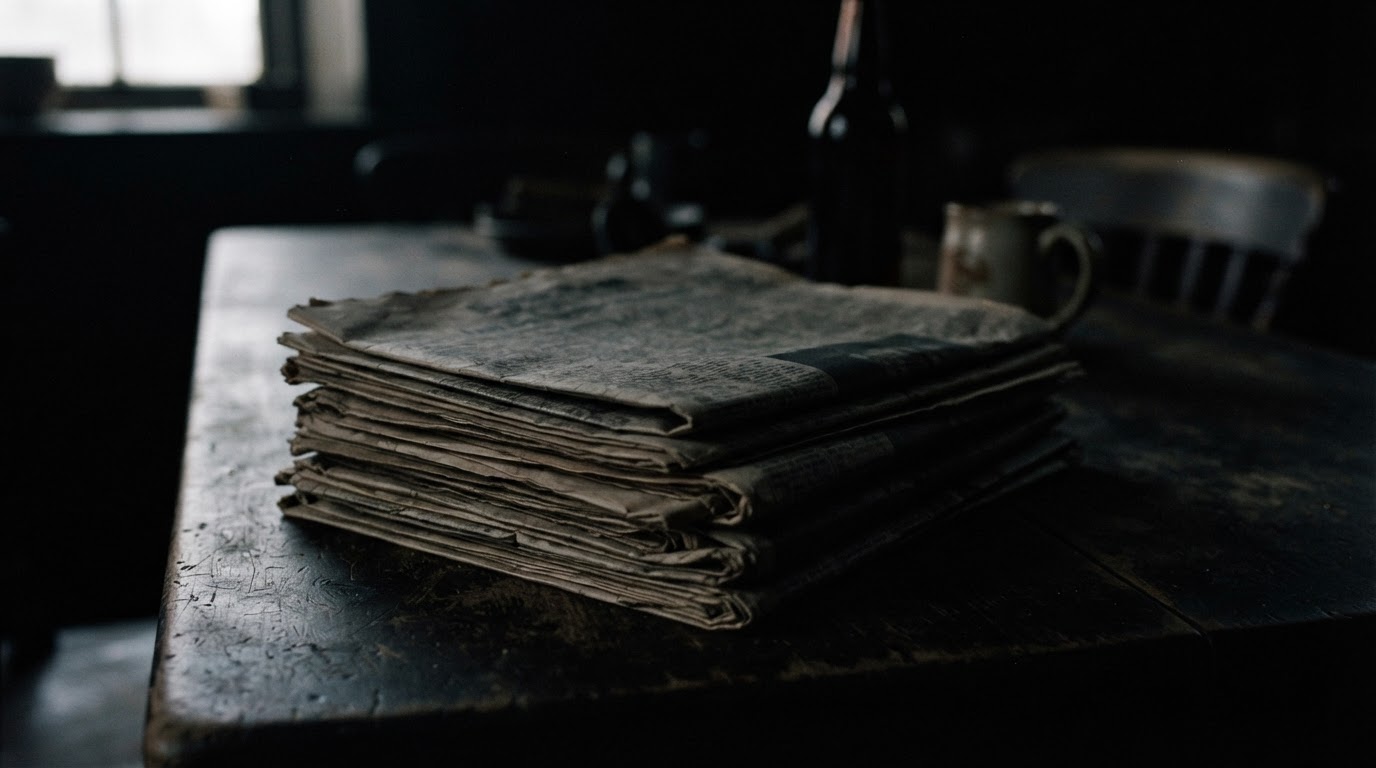 A stack of newspapers in shadow on a table, print blurred and unreadable