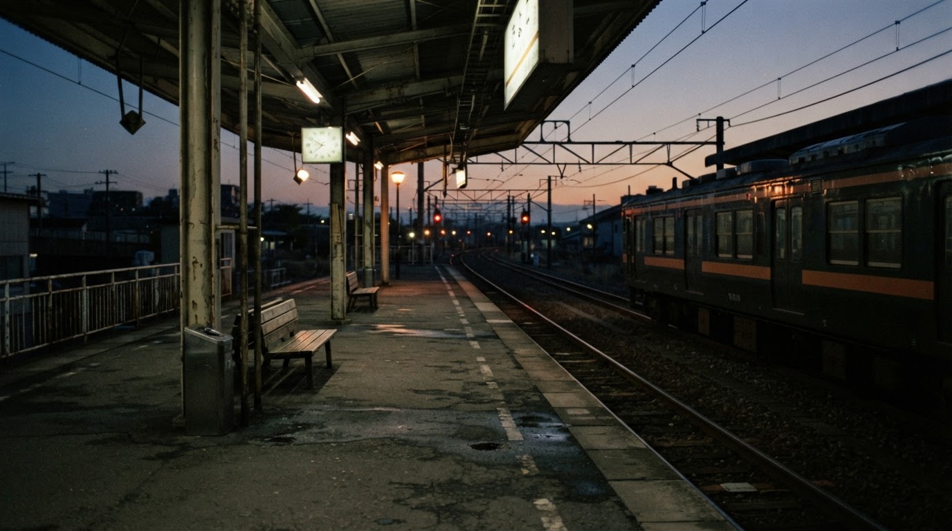 A 1980s train station platform at dusk, empty, long shadows down the far end, no legible signage