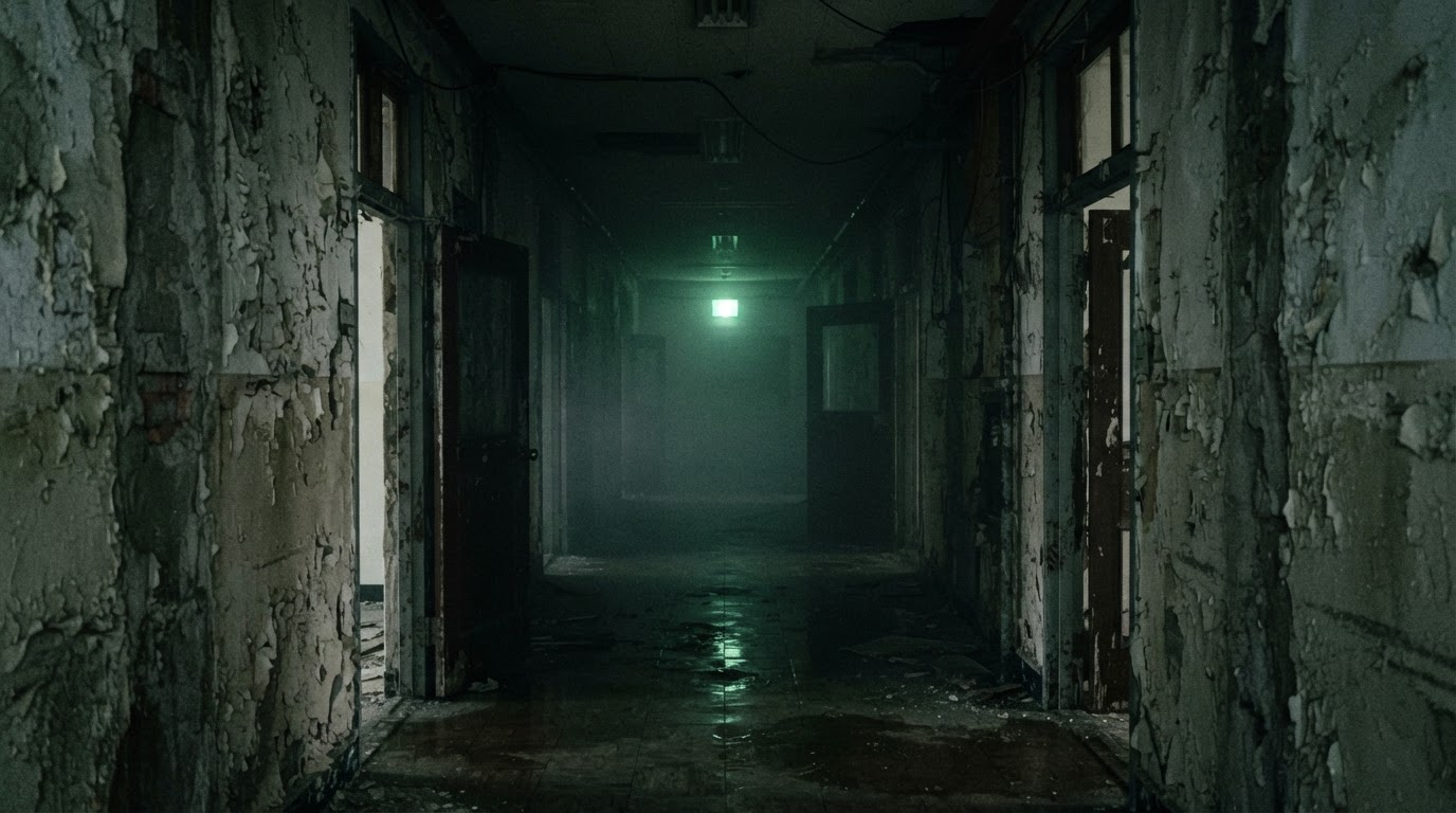 A night corridor filled with fog, a faint green emergency-exit glow far down the wet hallway.