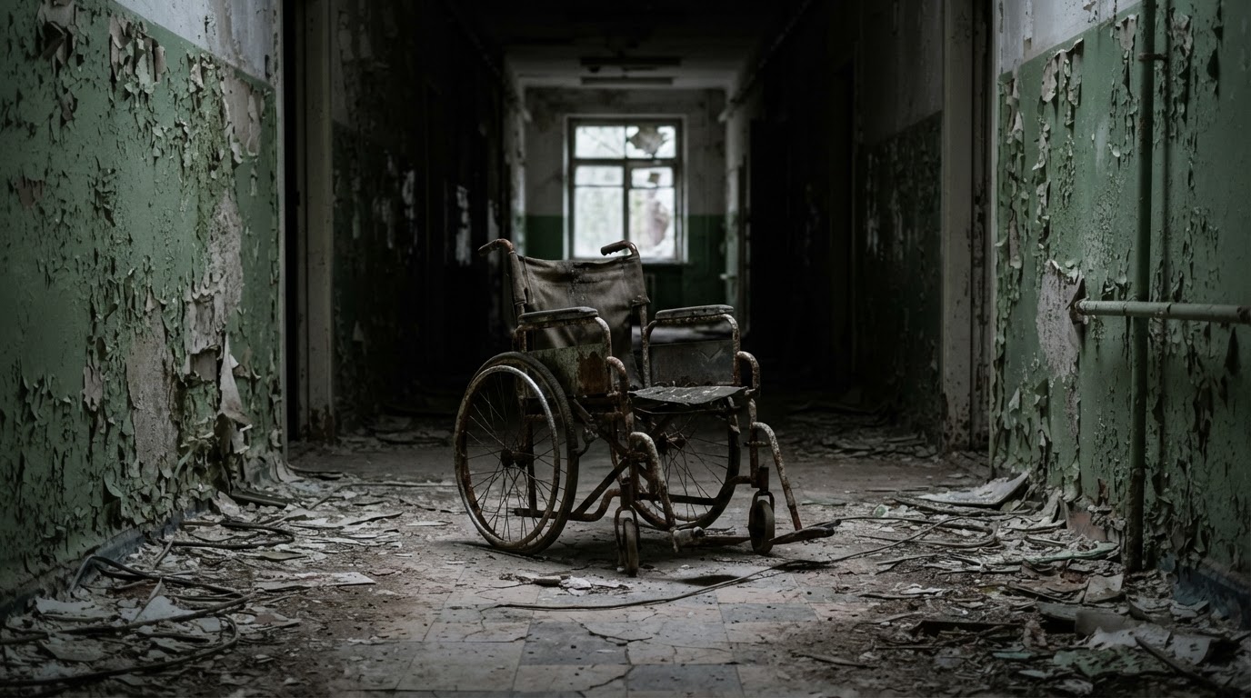 A broken, rusted wheelchair alone in a decayed corridor, silhouetted by the grey light from a distant window.